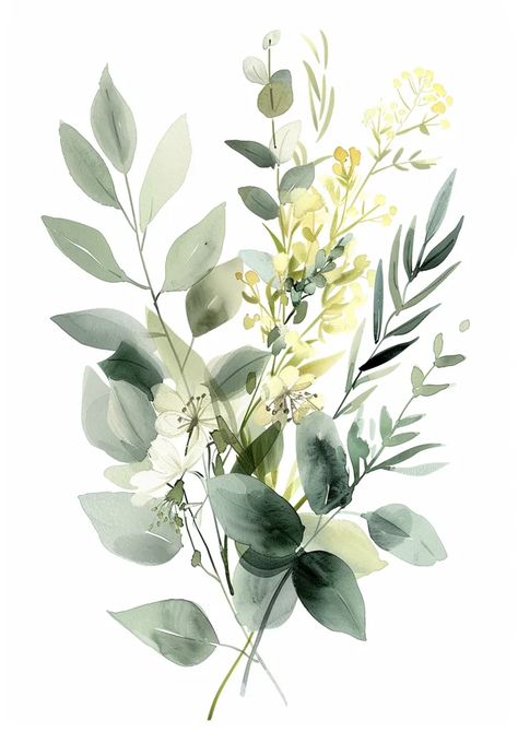 The image is a watercolor painting of a bouquet of flowers and leaves. The flowers are white, yellow, and green, and the leaves are mostly green with a few yellow ones ->> more details in ai-img-gen.com Green Flowers Watercolor, Yellow Flower Pictures, Brown Ribbon, Sketchbook Illustration, A Bouquet Of Flowers, Watercolor Sketchbook, Botanical Watercolor, Green Watercolor, Bouquet Of Flowers