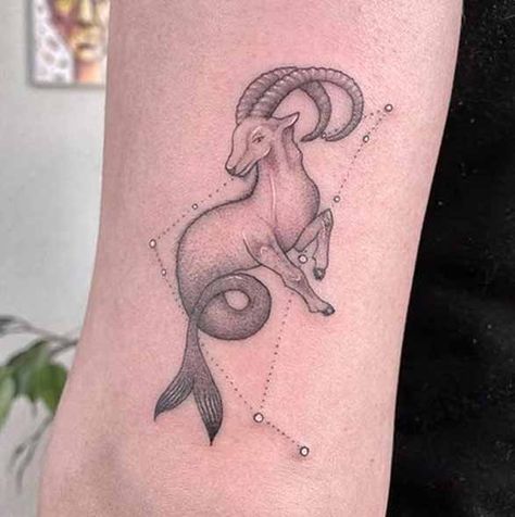 Sea goat constellation tattoo by @elpolss.ttt-1 Capricorn Animal Tattoo, Sea Goat Tattoo Capricorn, Seagoat Tattoo, Capricorn Goat Tattoo, Sea Goat Tattoo, Capricorn Symbols, Capricorn Tattoo Ideas, Capricorn Tattoos, Painted Skirt