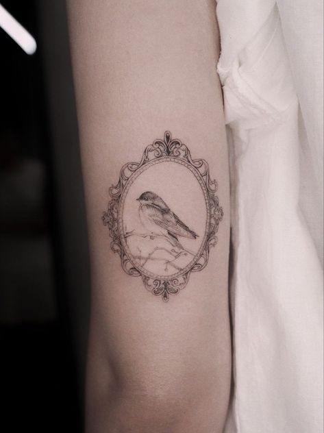 Bird In Frame Tattoo, Mirror Frame Tattoo, Bird Fine Line Tattoo, Antique Frame Tattoo, Vintage Frame Tattoo, Vintage Mirror Tattoo, Picture Frame Tattoo, Antique Tattoo Ideas, Hozier Tattoo