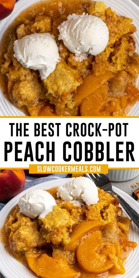 Close up of peach cobbler on a white plate with ice cream on top. Crock Pot Peach Cobbler, Crockpot Cobbler, Can Peach Cobbler, Cake Mix Peach Cobbler, Crockpot Peach Cobbler, Crockpot Cake, Peach Cobbler Dump Cake, Peach Dump Cake, Cobbler Easy