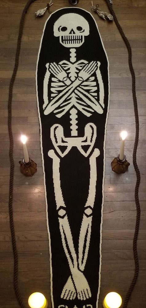 Coffin Shaped Knit Skeleton Scarf from E. Kan. D. Designs. Skeleton In Coffin Drawing, Knit Skeleton, Skeleton In Coffin, Coffin Art, Halloween Scarf, Skeleton Dress, Large Spiders, Skeleton Illustration, Day Of The Dead Art