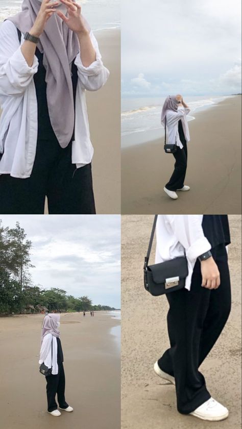 Ootd Pantai Hijab Simple, Ootd Mantai, Outfit Mantai, Ootd Hijab Pantai, Ootd Korean Style, Outfit Hijab Casual, Ootd Poses, Muslim Outfits Casual, Hijabi Outfits Casual