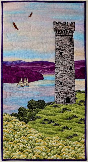 Landscape Quilts Tutorial, Fabric Landscapes, Tower Castle, Medieval Tower, Stone Tower, Landscape Art Quilts, Art Quilting, Quilt Studio, Applique Stitches