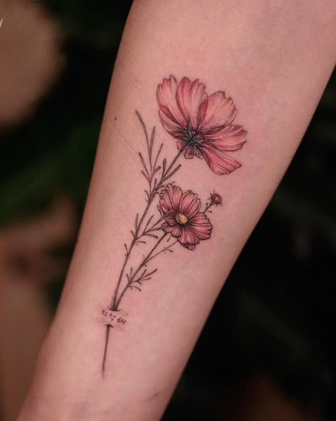 Immerse yourself in the beauty and serenity of cosmos flower tattoos. Learn the meaning behind them and discover designs that might inspire you to get inked. Purple Cosmos Flower Tattoo, Aster And Cosmos Flower Tattoo, Chocolate Cosmos Flower Tattoo, Cosmos Meaning, Cosmos Tattoo Design, Cosmos Flower Tattoo October, Cosmos Flower Tattoos, October Birth Flower Tattoo Cosmos, Cosmo Flower Tattoo October