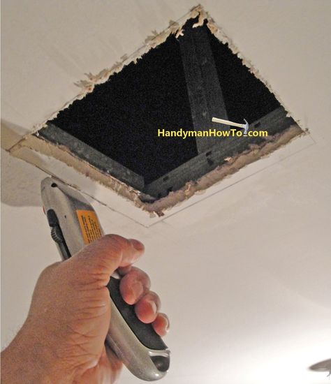 How to Repair Drywall Ceiling Water Damage step by step instructions. Square up the ceiling hole rough cut and mount a wood brace for the repair panel. Water Damaged Ceiling, Repair Ceilings, Ceiling Repair, Painting Walls Tips, Mold Prevention, Wall Repair, Drywall Ceiling, House Repair, Mold In Bathroom