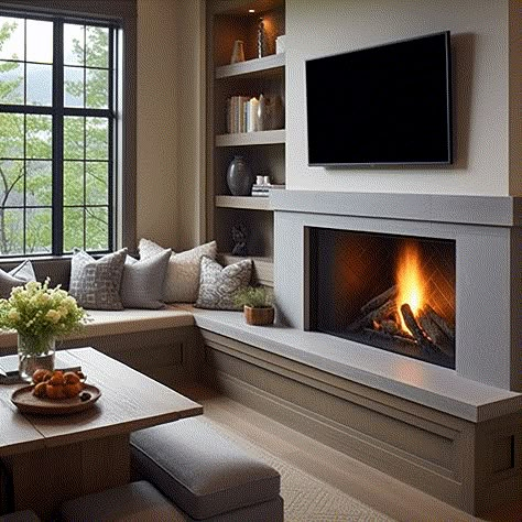 Play Basement Electric Fireplace, Tv Above Fireplace, Basement Fireplace, Built In Electric Fireplace, Electric Fireplace Wall, Living Room Built Ins, Living Room Decor Fireplace, Tv Wall Unit, Home Fireplace