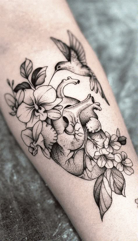 Anatomical Heart Tattoo With Butterfly, Hummingbird And Heart Tattoo, Brain Heart Lungs Tattoo, Anatomical Heart Sleeve Tattoo, Floral Anatomical Heart Tattoo, Heart Surgery Tattoo Ideas, Human Heart With Flowers Tattoo, Human Heart Tattoo Designs, Heart On Your Sleeve Tattoo