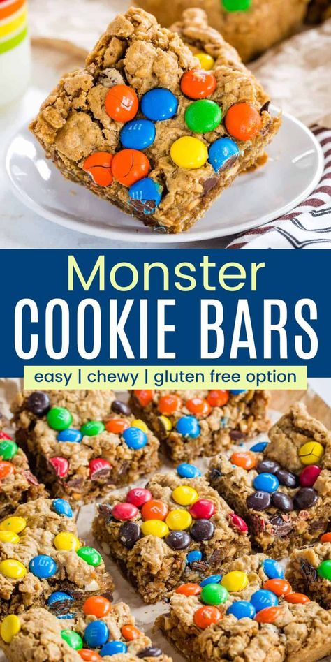 Crisp on the outside and chewy on the inside, these Monster Cookie Bars are fully-loaded with peanut butter, oats, chocolate chips, and M&M candies. Quick and easy to prepare, plus flourless so you can make them gluten free! Monster Cookie Bars Recipe, Oatmeal Chocolate Chips, Gluten Free Monster Cookies, Monster Cookie Bars, Chocolate Chip Shortbread Cookies, Quick Cookies, Flourless Cookies, Canned Butter, Monster Cookie