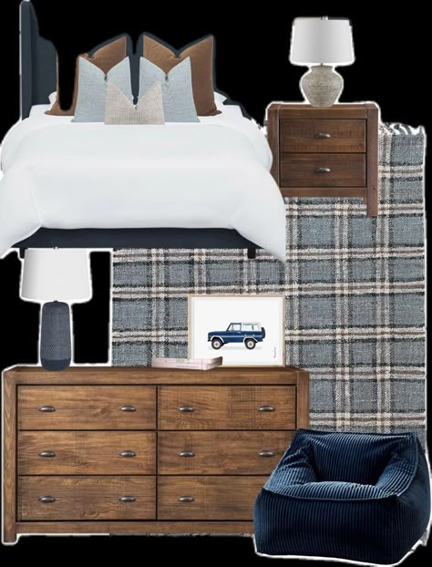 Navy blue and brown boys bedroom mood board Manly Guest Bedroom Ideas, Navy Masculine Bedroom, Blue Upholstered Bedroom Ideas, Masculine Guest Bedroom Ideas, Masculine Bedroom Mood Board, Grey Masculine Bedroom, Masculine Guest Room, Blue Masculine Bedroom, Boys Navy Bedroom Ideas