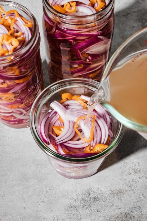 PICKLED RED ONION WITH HABANEROS - ful-filled Pickeled Red Onions, Habanero Pickles, Habanero Recipes, Pickled Hot Peppers, Pickled Vegetables Recipe, Kitchen Bright, Pickled Red Onion, Red Onion Recipes, Spiced Butter