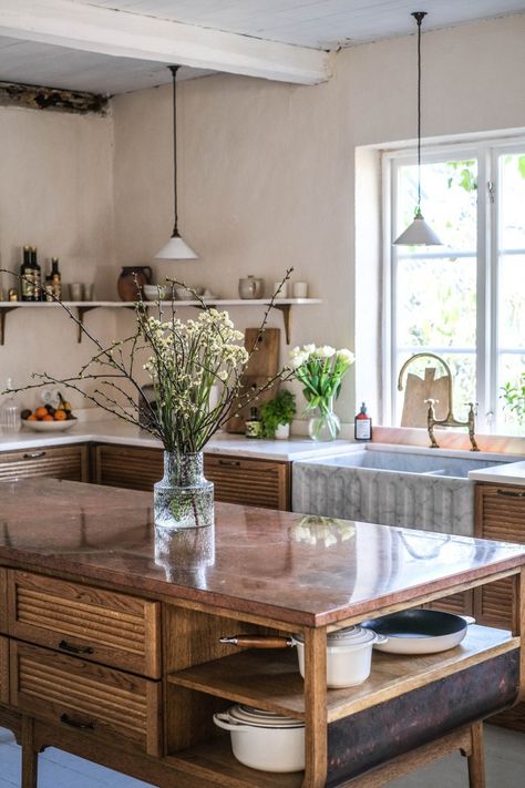 Devol Haberdasher Kitchen, Devol Haberdasher, Whitewashed Floorboards, Swedish Country House, Scandi Kitchen, Swedish Kitchen, Prep Table, Sweden House, Oak Cupboard