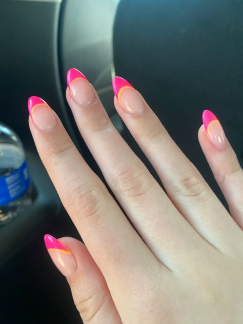 Pink Summer French Nails, Cute Summer Nails Simple French Tips, Pink Nail Orange French Tip, Coral And White French Tip Nails, French Pink And Orange Nails, Almond Colored Tip Nails, Peach Pink French Tip Nails, Pink French Tip Nails With Orange Line, Pink French Tips With Orange Line