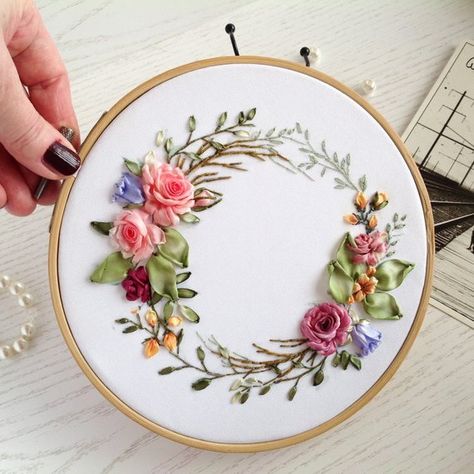 Elegant floral wreath hoop art Silk ribbon embroidery wall | Etsy Silk Ribbon Embroidery Tutorial, Sulaman Pita, Silk Ribbon Embroidery Patterns, Ribbon Embroidery Kit, Gabardine Fabric, Ribbon Embroidery Tutorial, Embroidery Wall, Fabric Background, Pola Sulam