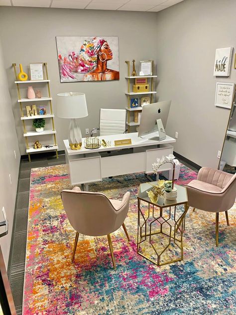 Office With 2 Chairs, 12 X 12 Office Layout, Boho Glam Home Office, Onsite Office Decor, Office Decor Women Work Spaces, Colorful Office Decor Ideas, Colorful Home Office Ideas, Women Office Decor Business, Colorful Office Ideas