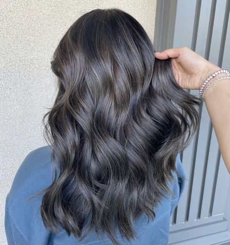 Dark Ash Brown Hair With Highlights, Ashy Balayage On Black Hair, Smokey Ash Brown Hair, Cool Toned Dark Brown Hair, Smokey Ash Brown Balayage Dark, Brown Bayalage Hair, Brown Bayalage, Ash Brown Hair With Highlights, Ash Brown Hair Balayage