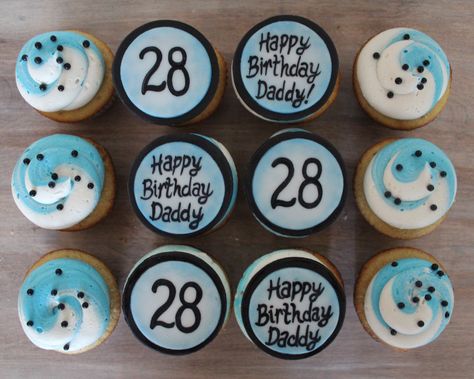 birthday cupcakes for him, men, guy, boy, blue white and black buttercream swirl color Birthday Cupcakes Ideas For Men, Cupcake Cake Ideas, 21st Birthday Cupcakes, Black Buttercream, Guy Birthday, Happy 28th Birthday, Cupcakes For Men, Men's Birthday, 90th Birthday Cakes