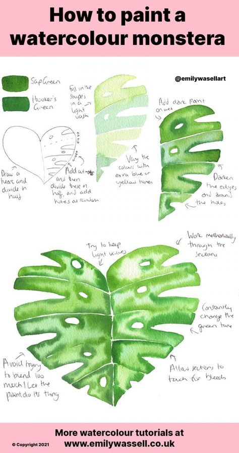 How to Paint a Watercolour Monstera Leaf - Easy Tutorial | Emily Wassell Watercolor Monstera Leaf Tutorial, How To Paint Monstera Leaf, Monstera Plant Watercolor, Monstera Watercolor Painting, How To Paint A Leaf, Watercolour Monstera, Watercolour Easy, Watercolour Plants, Leaf Drawings