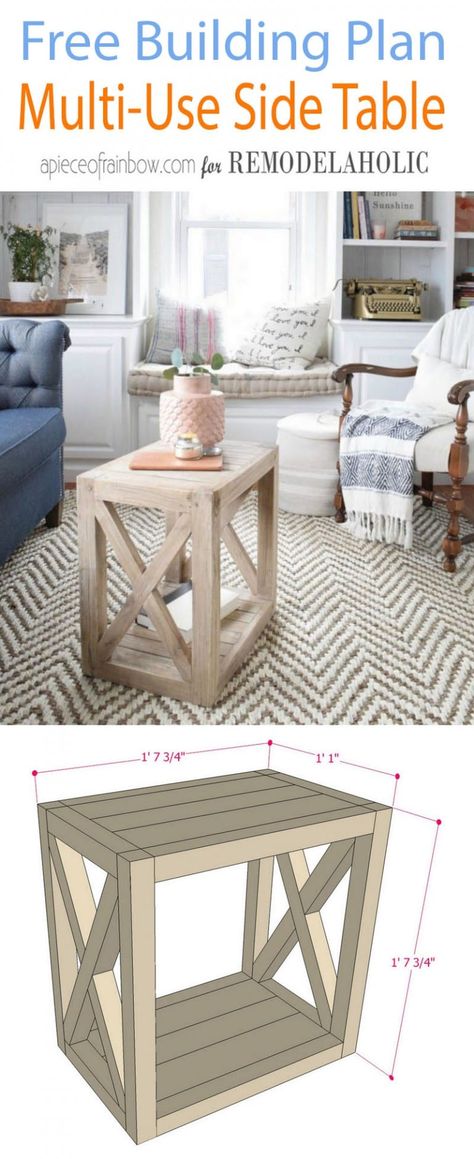 Farmhouse Furniture Plans, Farmhouse Furniture Diy, End Table Plans, Crate Side Table, Free Building Plans, Farmhouse End Tables, Farmhouse Living Room Furniture, Farmhouse Tables, Diy Side Table