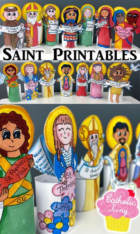 All Saints day party idea- print these Saint symbol labels to pair with normal food and turn them into saintly treats! #catholicicing #allsaintsday #catholickids #liturgicalliving #saints #domesticchurch #saintsforkids Saints Day Crafts For Kids, All Saints Activities For Kids, Catholic Halloween Crafts, All Saints Day Activities For Kids Catholic School, Saint Activities For Kids Catholic, Saint Crafts For Kids, All Saints Day Crafts For Kids, All Saints Day Crafts, All Saints Day Activities For Kids