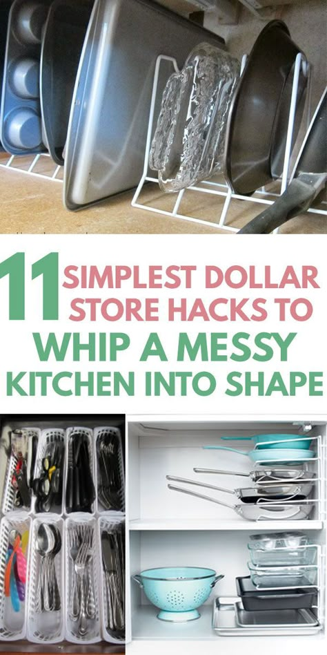 Learn how to DECLUTTER your KITCHEN with KITCHEN ORGANIZATION HACKS from the dollar store. First, learn how to get rid of clutter on counters, cabinets and drawers, then tips on smart layout by zones to keep countertops and cupboards clutter free. Easy ideas you can DIY on a budget to keep utensils, pots, pans, Tupperware, spaces, etc super organized #organization #organisation #storage #tinykitchen #declutter Pan Storage Diy, Kitchen Cabinet Organization Layout, Tupperware Organizing, Kitchen Organization Hacks, Pot And Pans Organization, Pan Storage, Declutter Kitchen, Small Kitchen Organization, Messy Kitchen