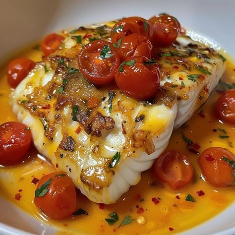 Cod in a Lemon Butter Tomato Sauce - Miarecipes Cod Fish With Cherry Tomatoes, Cod In Tomato Sauce, Butter Tomato Sauce, Cod Stew, Tomato Butter, Meal Rotation, Wine Butter, Shrimp Sauce, Steamed Asparagus