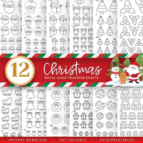 Christmas Royal Icing Transfer Sheets, Set of 12, Royal Icing Templates, Printable RI Transfer Sheets, Cookie Decorating Transfer Sheets Royal Icing Transfer Sheets, Royal Icing Templates, Royal Icing Transfers, Transfer Sheets, Cookie Ideas, Christmas Cookie, Royal Icing, Cookie Decorating, Christmas Cookies