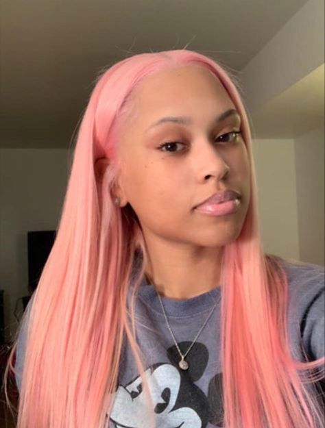 Soft salmon baby pink middle part frontal wig Soft Pink Frontal Wig, Soft Pink Hair Dye, Light Pink Frontal Wig, Soft Pink Wig, Salmon Pink Hair, Middle Part Frontal Wig, Under Shaved Hair, Dyed Wigs, Middle Part Frontal