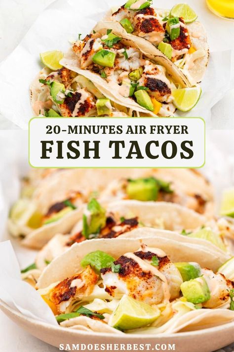 Fish tacos are a favorite around here, and making them in the air fryer is SUPER easy! Light, flaky fish is smothered in a smoky spice rub and rests atop a bed of homemade mango jalapeño salsa. Throw these tacos together in under 20 minutes and enjoy with friends, family, and loved ones! Air Fryer Fish Tacos, Jalapeño Salsa, Healthy Fish Tacos, Air Fryer Fish Recipes, Gluten Free Fish, Clean Meal Prep, Air Fryer Fish, Fish Tacos Recipe, Air Fry Recipes