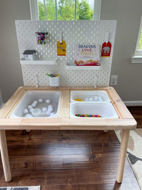 Sensory Activities Table, Sensory Play Table Diy, Ikea Latt Table Hack Sensory, Sensory Table Kindergarten, Ikea Flisat Table Makeover, Ikea Table Sensory Bin, Flisat Ikea Table Activities, Ikea Daycare Ideas, Diy Flisat Table