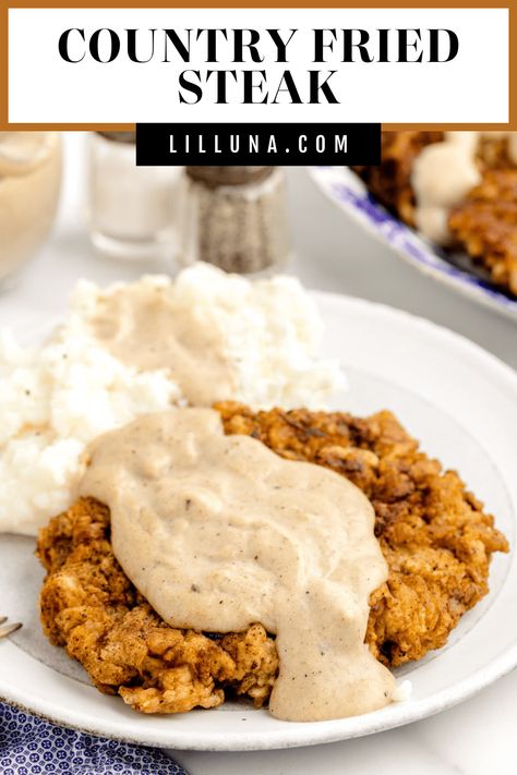 Crispy country fried steak is topped with a savory homemade gravy for classic comfort food in only 30 minutes! #countryfriedsteak #southerncooking #friedsteak Country Steak And Gravy, Homemade Country Fried Steak, Fried Cubed Steak Recipes, How To Make Country Fried Steak, Country Fried Cube Steak, Country Fried Steak And Gravy Recipe, Easy Country Fried Steak, Fried Cubed Steak, Country Fried Steak Gravy