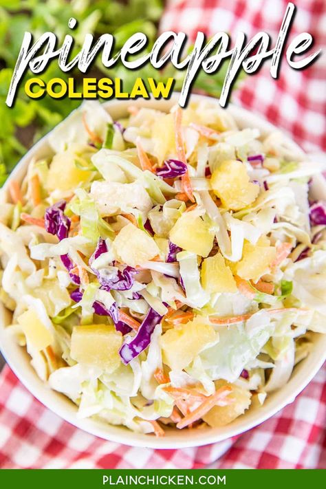 Pineapple Coleslaw - Pompano Joe's copycat recipe. So simple and tastes amazing! Shredded cabbage coleslaw mix, pineapple, vinegar, sugar, and mayonnaise. Inspired by our trip to the beach. Great for a potluck or cookout. Can make in advance and refrigerate until ready to serve. Pineapple Slaw Dressing, Pineapple Coleslaw Recipe, Pineapple Vinegar, Cabbage Coleslaw, Pineapple Coleslaw, Summer Side Dishes Recipes, Shredded Cabbage, Vacation Meals, Plain Chicken