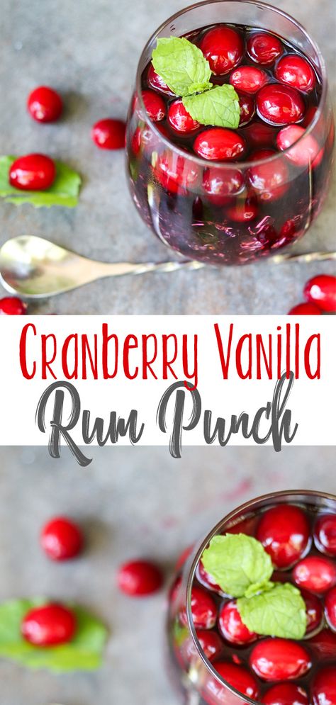 This tart, yet sweet, thirst quenching Cranberry Vanilla Rum Punch is perfect for your upcoming holiday needs. From a delightfully crisp Fall day, to the cold depths of winter by the fireplace. The perfect cocktail to warm you up. #frozencranberries #capecodselect #cranberriesforallseasons Vanilla Rum Drinks, Boozy Cranberries, Vanilla Rum Drinks Recipes, Cranberry Drinks, Vanilla Rum, Wine Cocktail Recipes, Boozy Brunch, Cranberry Cocktail, Rum Punch