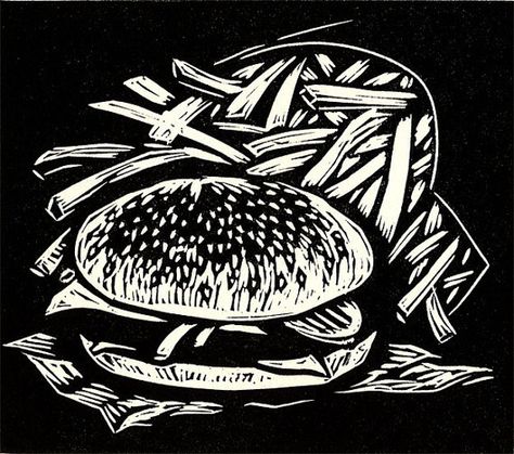 Food Lino Print, Linocut Food, Lino Artists, Print Linoleum, Lino Carving, Burger Art, Linoleum Printmaking, Relief Printmaking, Linoleum Block Printing