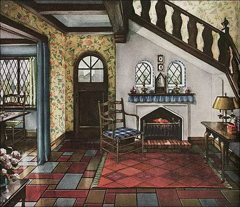 English Revival style homes were extremely popular during the late 1920s and 1930s. This entry way is a stylized image, but would have been pretty in one of the small cottages like the 1930 Montgomery Ward Newport. Source: Delineator Cottage Tudor, 1930s Home Decor, 1930s Decor, 1930s House Interior, Old House Interior, 1920s House, 1930s House, Living Vintage, Modern Deco