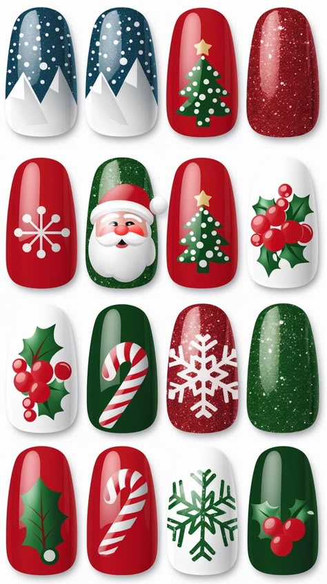 Feel the holiday cheer every time you look at your nails with these festive Christmas designs. Whether you're going for classic red and green or something more creative, these designs include snowflakes, reindeer, Santa hats, and more! Perfect for adding a little holiday magic to your daily look.
#FestiveChristmasNails #HolidayVibes #ChristmasManicure #NailArtInspiration Santa Nail Art Christmas Design, Christmas Nails With Present, Christmas Nail Red And Green, Santa Nails Christmas, Red White And Green Christmas Nails, Green Red Christmas Nails, Green And Red Nail Designs, Simple Xmas Nail Designs, Christmas Red And Green Nails