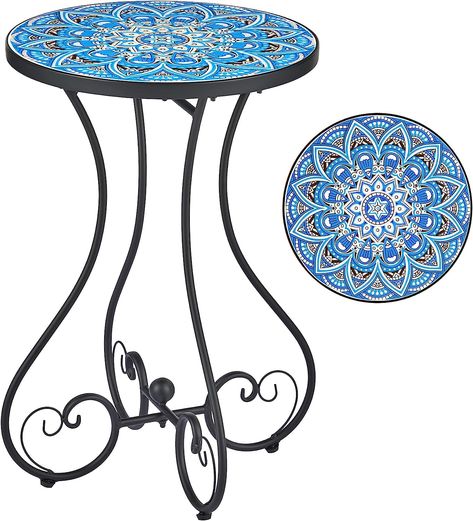 VONLUCE; 14"D x 14"W x 21"H, Waterproof, Space Saving, Weather Resistant, Multifunction, Scratch Resistant. The round mosaic design of this table is elevated by its elegantly curved legs with four heart-shaped ends, creating a charming statement piece for your patio, porch, or garden. #commissionsearned #mosaictilepatio #arttable #beautifulmosaicdesigntable #bluemosaictile #summerpatiotable #tiling Mosaic Garden Table, Mosaic Side Table, Mosaic Plant, Small Garden Table, Outdoor Plant Stand, Tall Plant Stand, Mosaic Tile Table, Living Room End Table, Coffee Table Plants