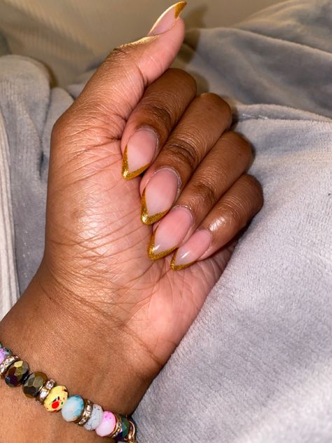 Gold French Tip Nails Almond, Gold Tip Nails French, Gold French Tips, Gold French Tip Nails, Gold Tip Nails, Red Tip Nails, Gold French Tip, Gold Tips, Almond Nails Designs