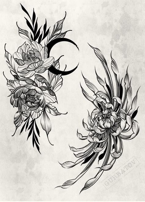 Floral Sleeve Linework, Black Ink Flower Drawing, Unique Chrysanthemum Tattoo, Unique Flowers Tattoo, Dark Flower Tattoo Design, Unique Flower Tattoo Designs, Scary Flower Tattoo, Inside Of Elbow Tattoo, Front Shoulder Tattoos For Women Unique