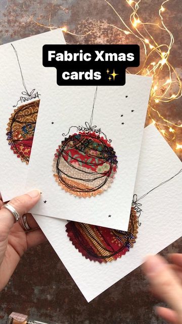 Mira on Instagram: "I’m on a roll (which might explain the lack of sleep this week lol) - another tutorial is now live on my YouTube channel. These free motion embroidered fabric baubles are a great little scrap buster and make for beautiful and unique cards with a personal touch! Happy sewing & thanks for watching! ❤️ #bauble #baubles #freemotionstitching #freemotionembroidery #freemotion #freemotionsewing #sewingtutorial #sewingtutorials #handmadechristmas #handmadechristmascards #fabricgifts #sewinggifts #fabricscraps #fabricscrapsproject #scraps #cardmaking #sewingproject #bluebellhillcrafts #sewingonpaper #papersewing #christmassewing #xmascard #xmascards" Xmas Fabric Crafts, Art With Fabric Scraps, Making Christmas Cards Ideas, Sewing Cards Christmas, Sewing Project Christmas, Christmas Card Unique, Fabric Xmas Cards, Hand Stitched Christmas Cards, Christmas Cards With Fabric