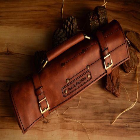 Monogrammed Leather Knife Roll, Handmade Chef Roll, Knife Storage Bag, Chef Gifts, Handmade Leather Knife Storage Roll, Custom Knife Bag by AlloroLeatherGoods on Etsy Leather Roll Bag, Leather Chef Knife Roll, Leather Knife Roll, Knife Blocks, Knife Bag, Knife Roll, Knife Storage, Leather Roll, Chef Gifts