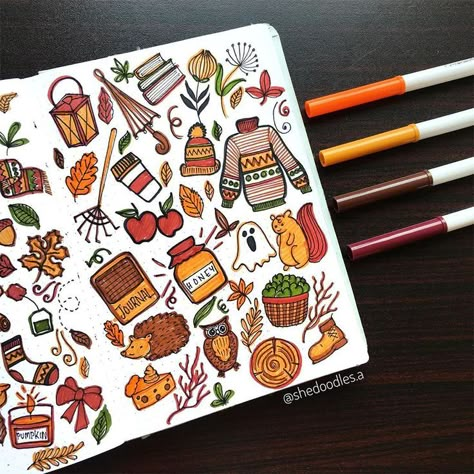 Simple and fun Fall doodles for your Bullet Journal. Easy beginner-friendly step-by-step tutorials and inspirations. Doodles, tutorials Fall Bullet Journal Ideas, Autumn Bullet Journal, Fall Bullet Journal, November Bullet Journal, Fall Doodles, Autumn Doodles, Leaves Doodle, Fall Drawings, Bujo Doodles