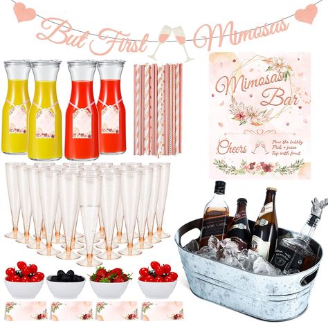 PRICES MAY VARY. Mimosa Bar Supplies Kits: you will receive 1 galvanized beverage tub, with 4 gallon/ 15 L in capacity, 4 carafes for mimosa bar with 33.8 oz/ 1000 ml in capacity, 4 square bowls, 20 champagne flutes in 4.5 oz, 1 set of paper banner and sign and 100 cocktail straws for drinks, providing you with large quantity and nice combination for your mimosa party Reliable Quality: the ice bucket for parties is made of galvanize, not easy to rust or deform; The water pitcher is made of glass Mimosa Party, Cocktail Straws, Disposable Champagne Flutes, Engagement Brunch, February Baby Showers, Galentines Day Ideas, Gold Champagne Flutes, Beverage Tub, Galentines Party