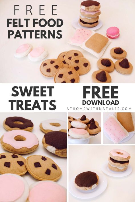 Felt Donuts Diy Play Food, Diy Felt Pop Tart, Diy Felt Cookies Free Pattern, Felt Donut Pattern Free, Diy Play Bakery Food, Play Food Sewing Pattern, Felt Pdf Pattern Free, Felt Food Free Patterns, Felt Cookies Pattern