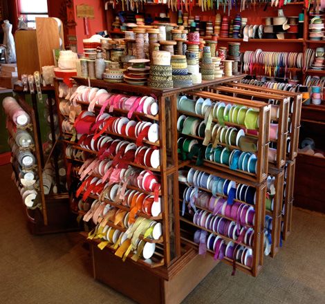 Ribbon Display Ideas, Ribbon Cabinet, Antique Display Case, Cathe Holden, Ribbon Store, Ribbon Display, Ribbon Organization, Haberdashery Shop, Ribbon Storage