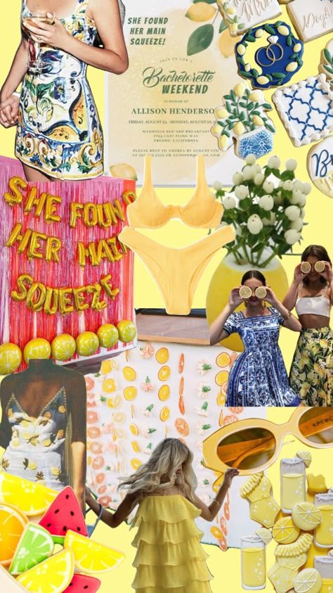 She Found Her Main Squeeze Bachelorette Party, Summer Bachelorette Themes, Italy Inspired Bachelorette, She Found Her Main Squeeze Bachelorette, Italy Bachelorette Theme, Bachelorette Party Italian Theme, Beach Bachelorette Mood Board, Fruit Bachelorette Party, Yellow Bachelorette Theme