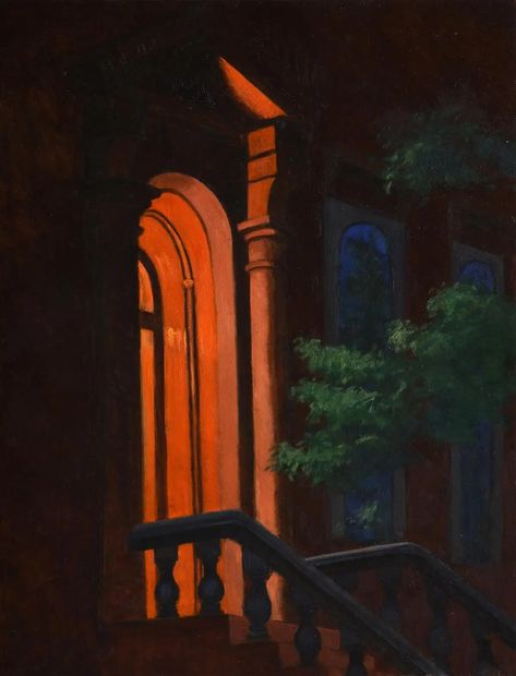 Window At Night Painting, Architecture Oil Painting, Doorway Painting, Mysterious Paintings, Mystery Painting, Dark Oil Painting, Morning Birds, Fall Landscape Painting, Italian Night