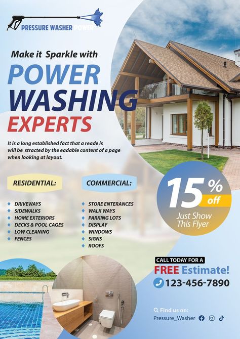 This flyer template is specially designed for promoting a Pressure or Power Washing Services company. This template has designed to grave attention to the reader for the specific service. It can be used also for cleaning services, power cleaning or soft cleaning services. In the editable Photoshop file can be edited text, images, logo, and color. < Features: - Size: 8.26x11.69 inch - Resolution: 300 dpi - Adobe Photoshop CC Version - Well organized layers - Images are not included > Pressure Washing Advertising, Power Washing Business, Power Washing House, Pressure Washing Logo, Pressure Washing House, Home Construction Cost, Pressure Washer Tips, Car Wash Systems, Pressure Washing Business