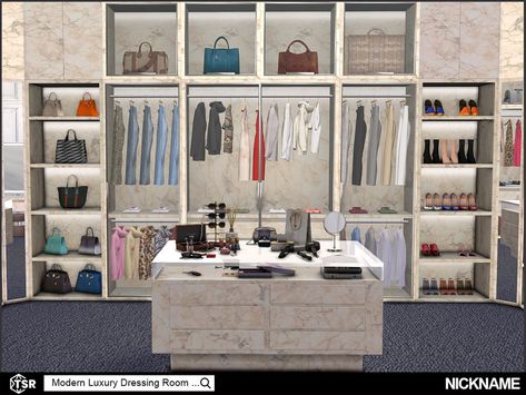 Sims 4 Dressing Room, Modern Luxury Dressing Room, Glass Dining Room Sets, Luxury Dressing Room, Dressing Table Modern, Closet Clutter, Resource Furniture, Sims 4 Bedroom, Modern Bathroom Tile