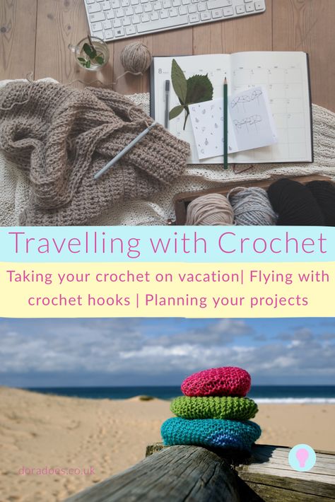 Get all the latest tips for travelling with crochet.  Read on for tips on how to plan your holiday crochet or knit projects. Can you take your crochet hook and scissors on the plane? How do you choose your holiday projects? What yarn is best? How do you pack your crochet projects? What if you have no room in your case? #crochet #travel #holidays #summercrochet #summerholiday #vacation What To Crochet On A Plane, Crochet Travel Projects, Vacation Crochet Projects, Travel Crochet Projects, Travel Knitting Projects, Yarn Hacks, Crochet Travel, Friends Crochet, Colourful Crochet