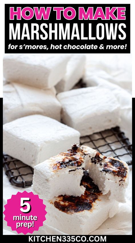 a bunch of super white marshmallow squares on a cooling rack with two of them burnt by a torch Homemade Marshmallows For Hot Chocolate, Make Marshmallows, Marshmallow Recipe, Gourmet Marshmallow, Diy Hot Cocoa, How To Make Marshmallows, Simple Desserts, Recipes With Marshmallows, Homemade Marshmallows